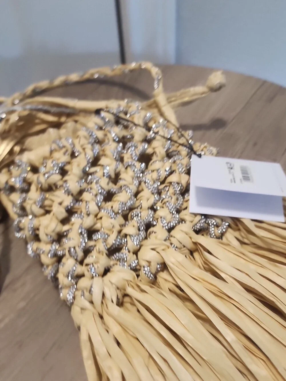 Kurt Geiger Straw Fringe Hanging Bag in Natural with Silver Accents